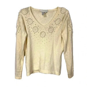 Outlander Vintage Faux Pearl Beaded Lambswool & Rabbit Hair Sweater